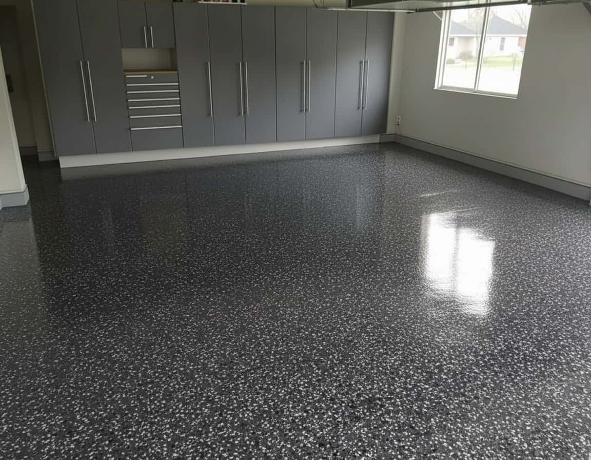 The same garage finished with a charcoal flake epoxy floor