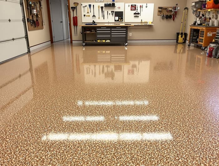 Tan flake polyaspartic garage floor coating