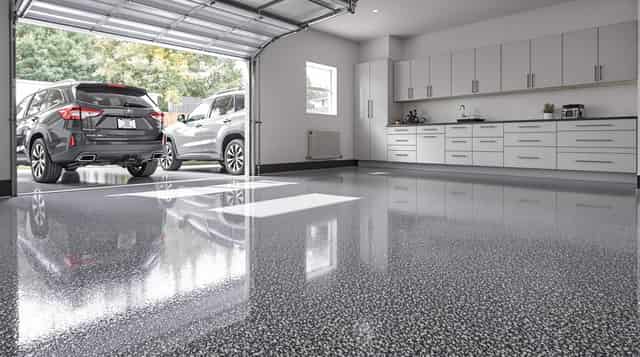Glossy charcoal flake epoxy garage floor with car